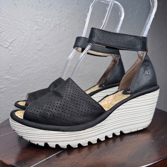 Fly London Shoes - Fly London Yake Women's Size 38 (US sz 7) Perforated Leather Wedge Sandals Black